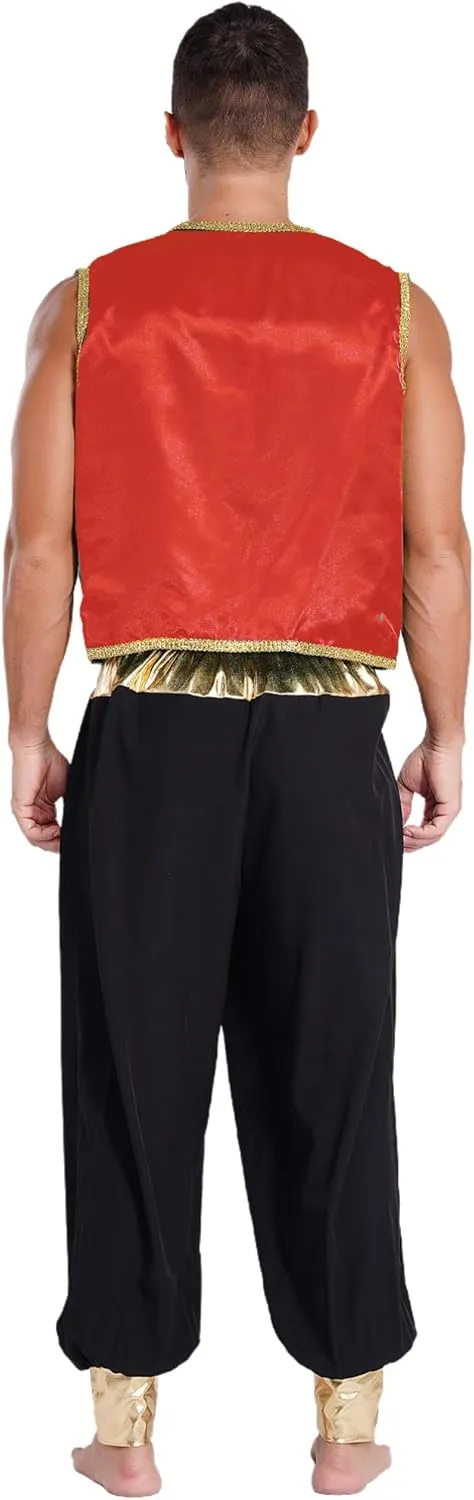 Moily Men's Arabian Prince Costume Set Satin Sleeveless Vest Waistcoat with Hippie Harem Pants