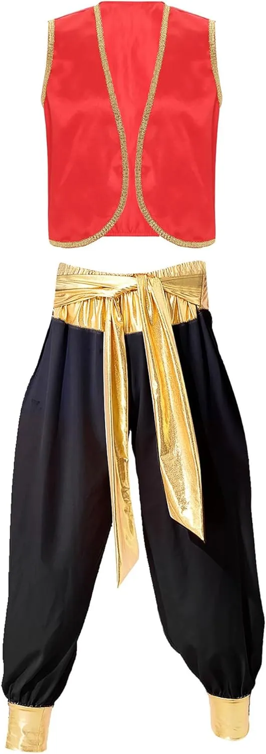 Moily Men's Arabian Prince Costume Set Satin Sleeveless Vest Waistcoat with Hippie Harem Pants