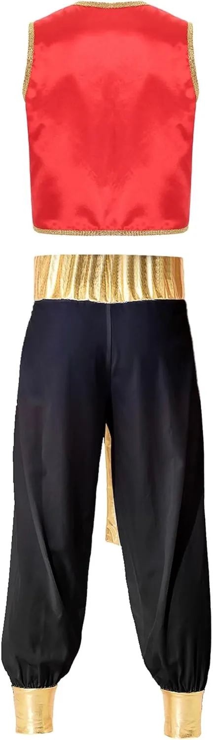 Moily Men's Arabian Prince Costume Set Satin Sleeveless Vest Waistcoat with Hippie Harem Pants