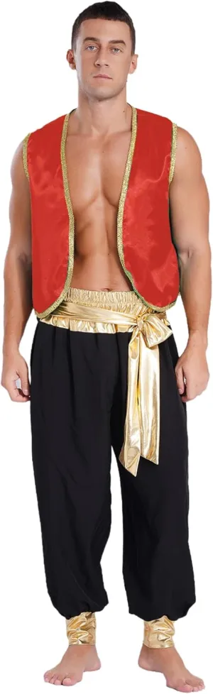 Moily Men's Arabian Prince Costume Set Satin Sleeveless Vest Waistcoat with Hippie Harem Pants