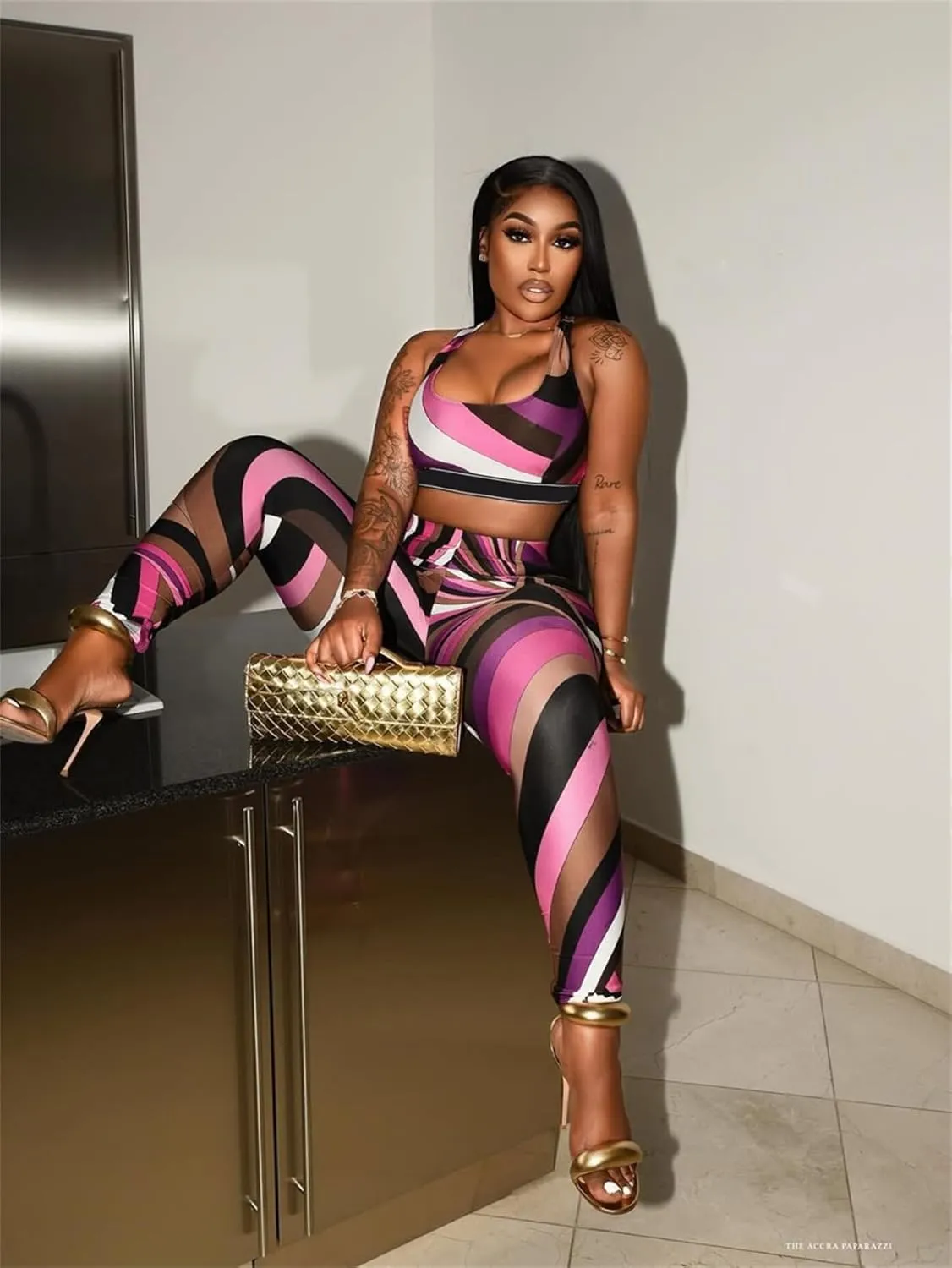 Molilove Womens Sexy 2 Piece Outfits Color Block Sleeveless Crop Top Bodycon Pants Tracksuit Summer Y2K Party Clubwear