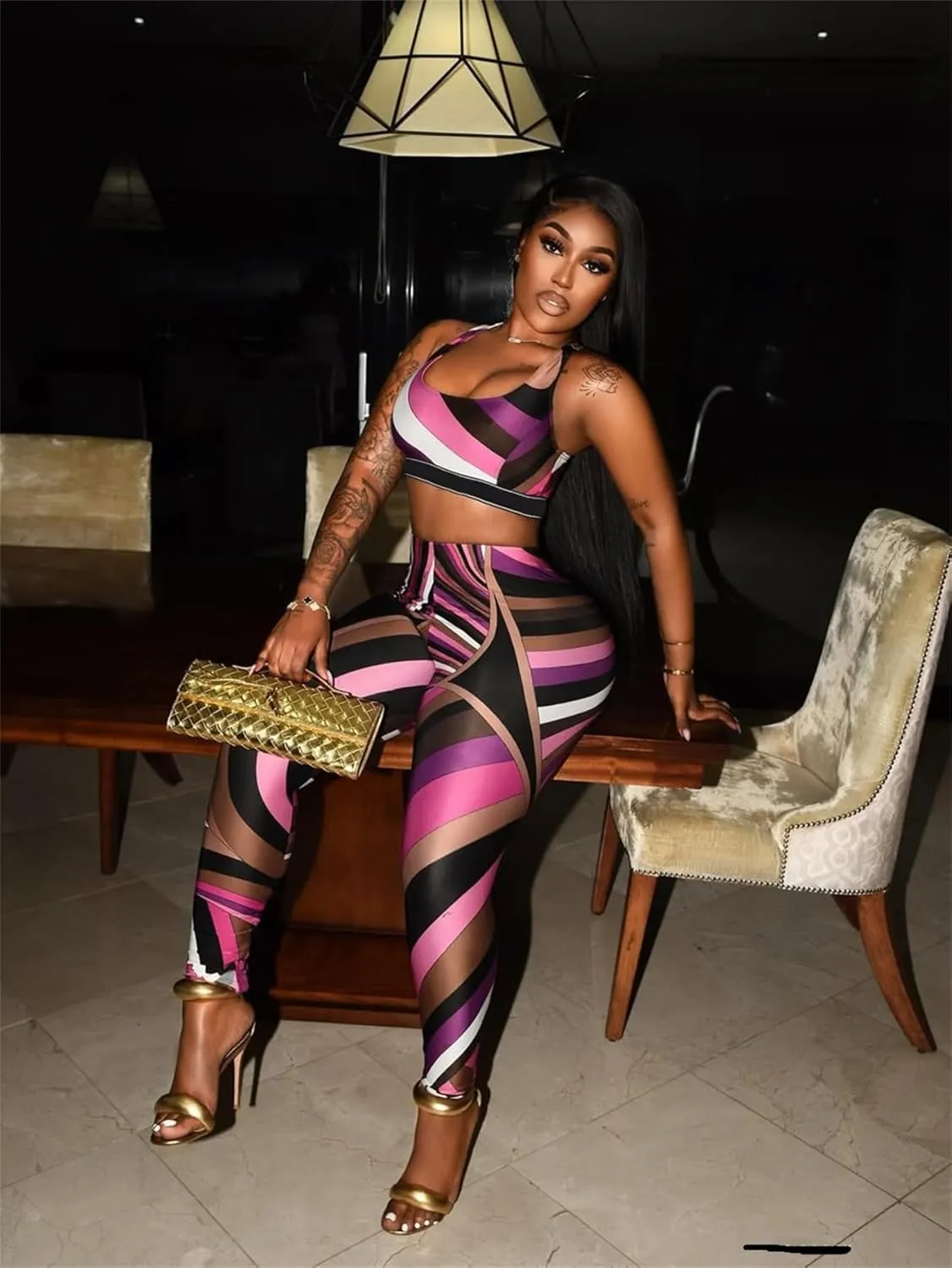 Molilove Womens Sexy 2 Piece Outfits Color Block Sleeveless Crop Top Bodycon Pants Tracksuit Summer Y2K Party Clubwear