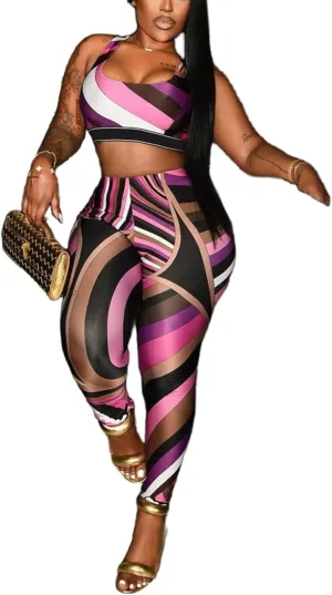 Molilove Womens Sexy 2 Piece Outfits Color Block Sleeveless Crop Top Bodycon Pants Tracksuit Summer Y2K Party Clubwear