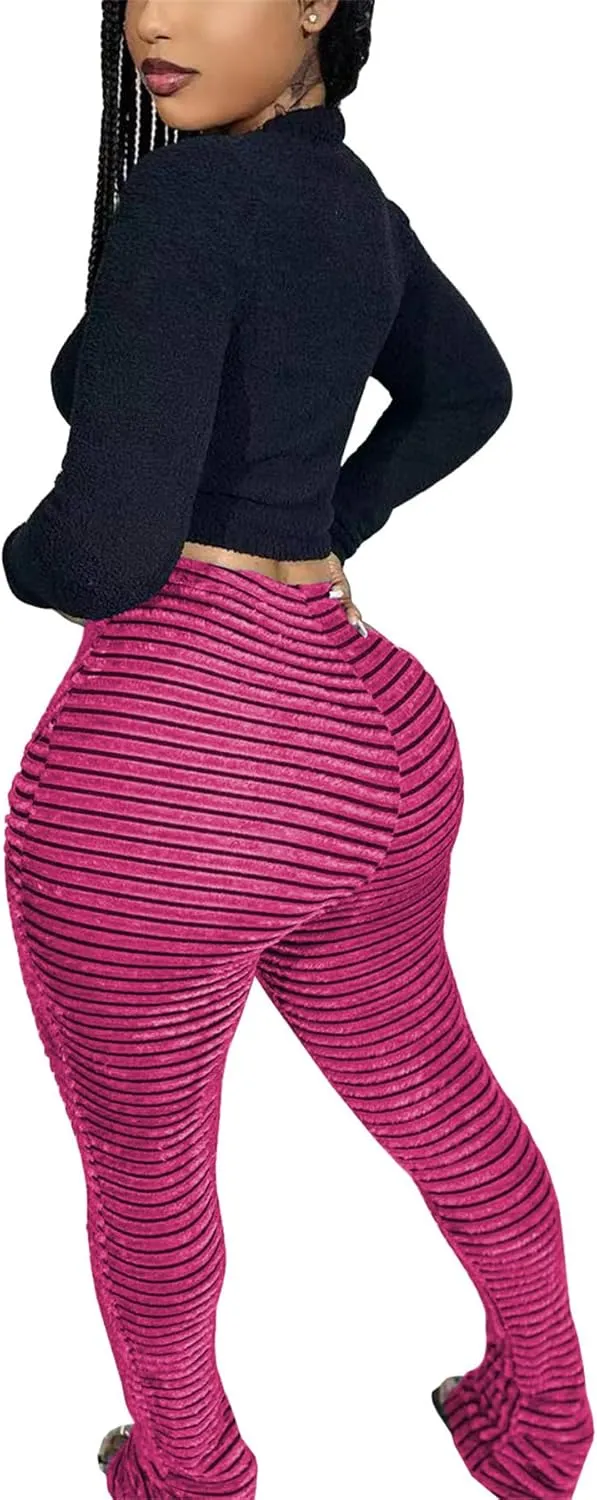 Molisry Women's Stacked Leggings Pants Trendy Fuzzy High Waist Slim Fit Fringe Flared Sweatpants Fall 2024