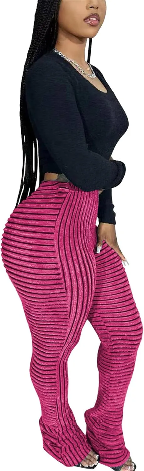 Molisry Women's Stacked Leggings Pants Trendy Fuzzy High Waist Slim Fit Fringe Flared Sweatpants Fall 2024
