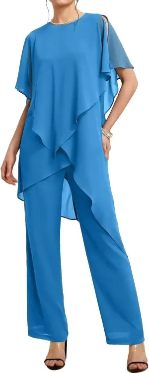 Mother of The Bride Pant Suits 2 Pieces Chiffon Womens Maxi Dress for Wedding