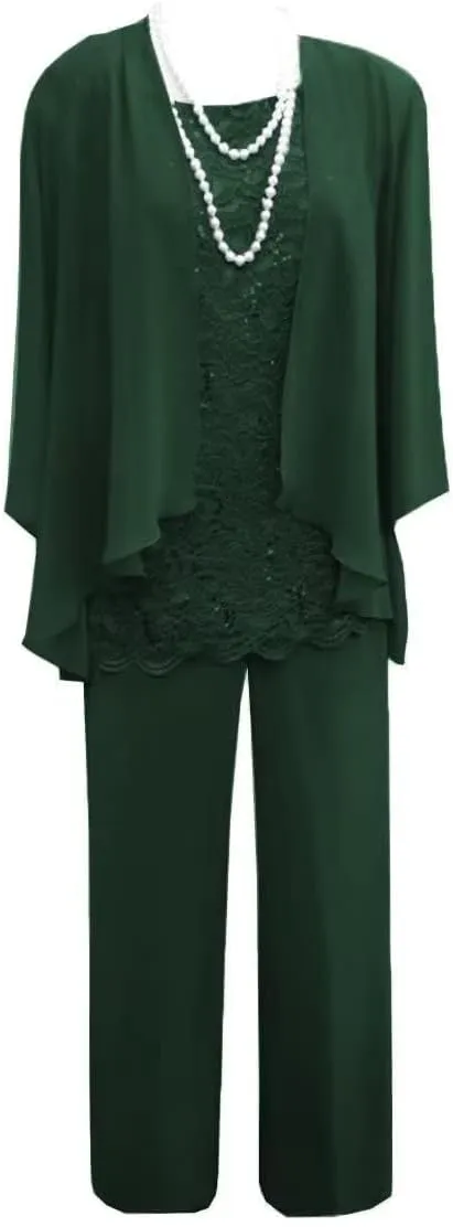 Mother of The Bride Pant Suits for Wedding Chiffon 3 Pieces Formal Pantsuits for Women Evening Party