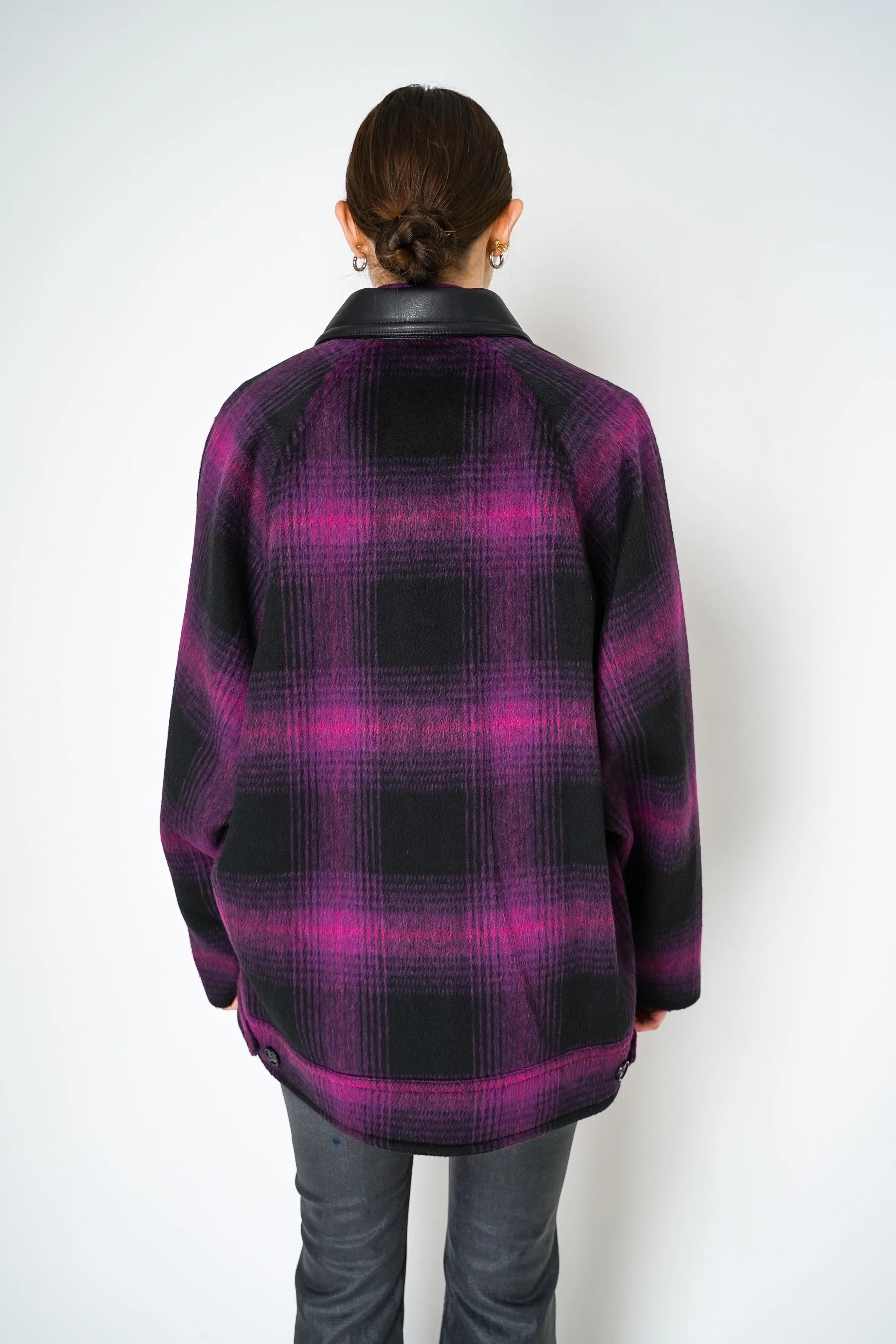 Nº21 Oversized Wool Jacket in Black Magenta Plaid Print with  Leather Collar