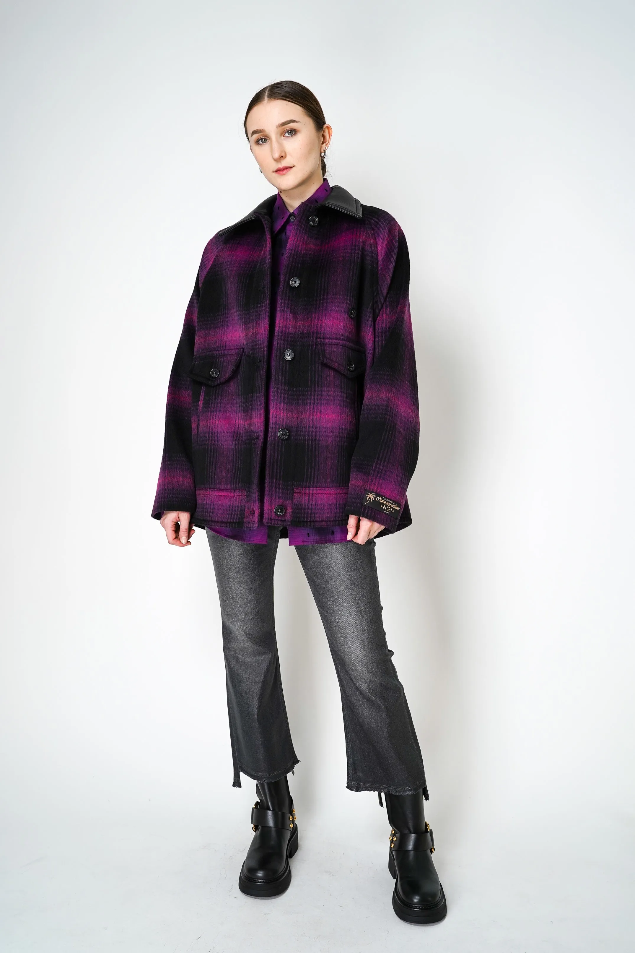 Nº21 Oversized Wool Jacket in Black Magenta Plaid Print with  Leather Collar