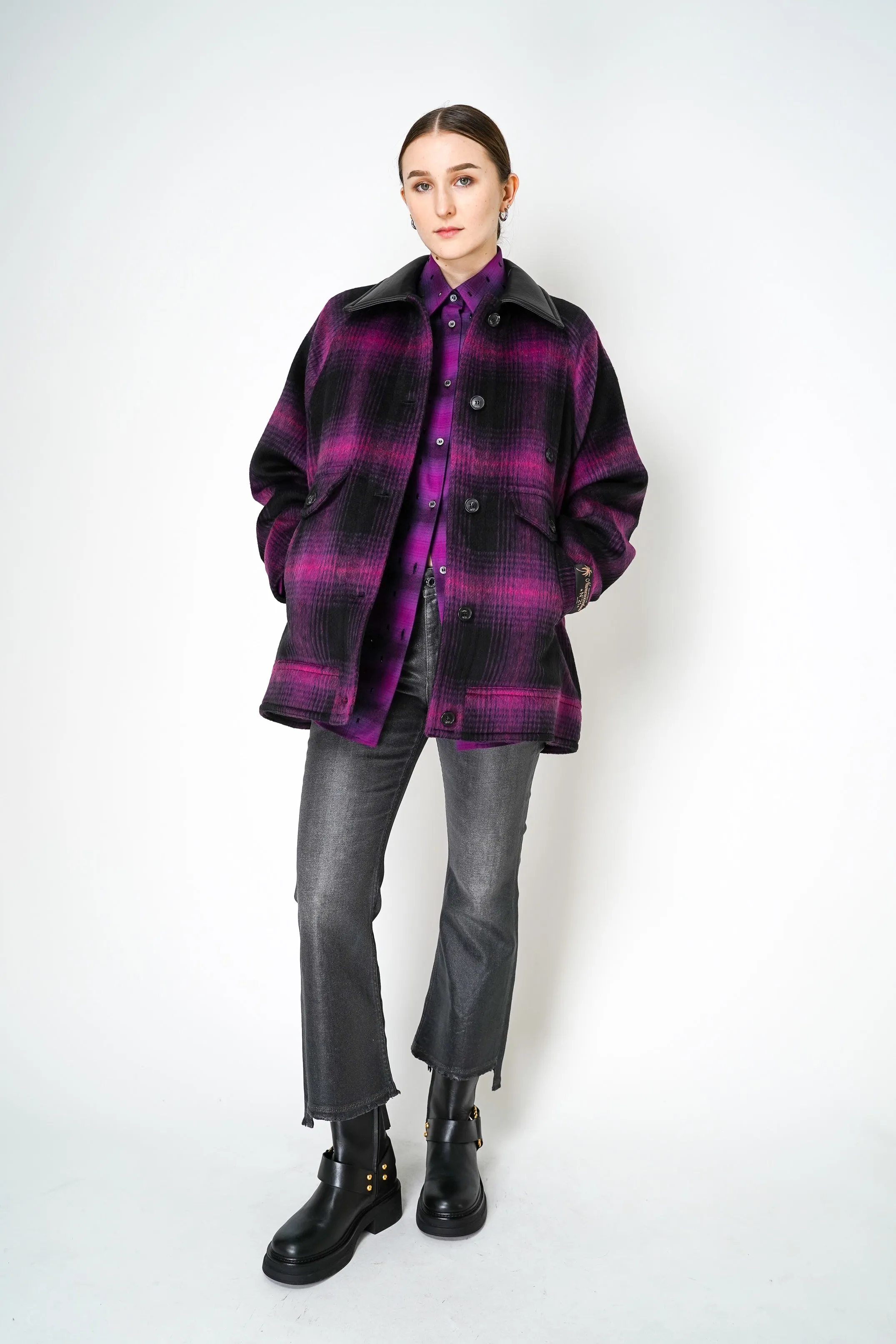 Nº21 Oversized Wool Jacket in Black Magenta Plaid Print with  Leather Collar