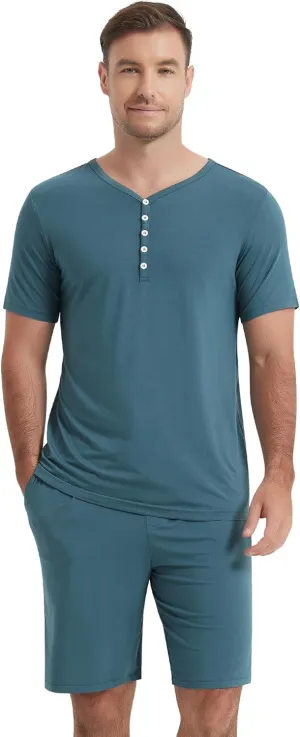 NACHILA Pajamas Sets for Men-Viscose Made from Bamboo, Short Sleeve Sleepwear Button Pjs with Shorts Soft Loungewear