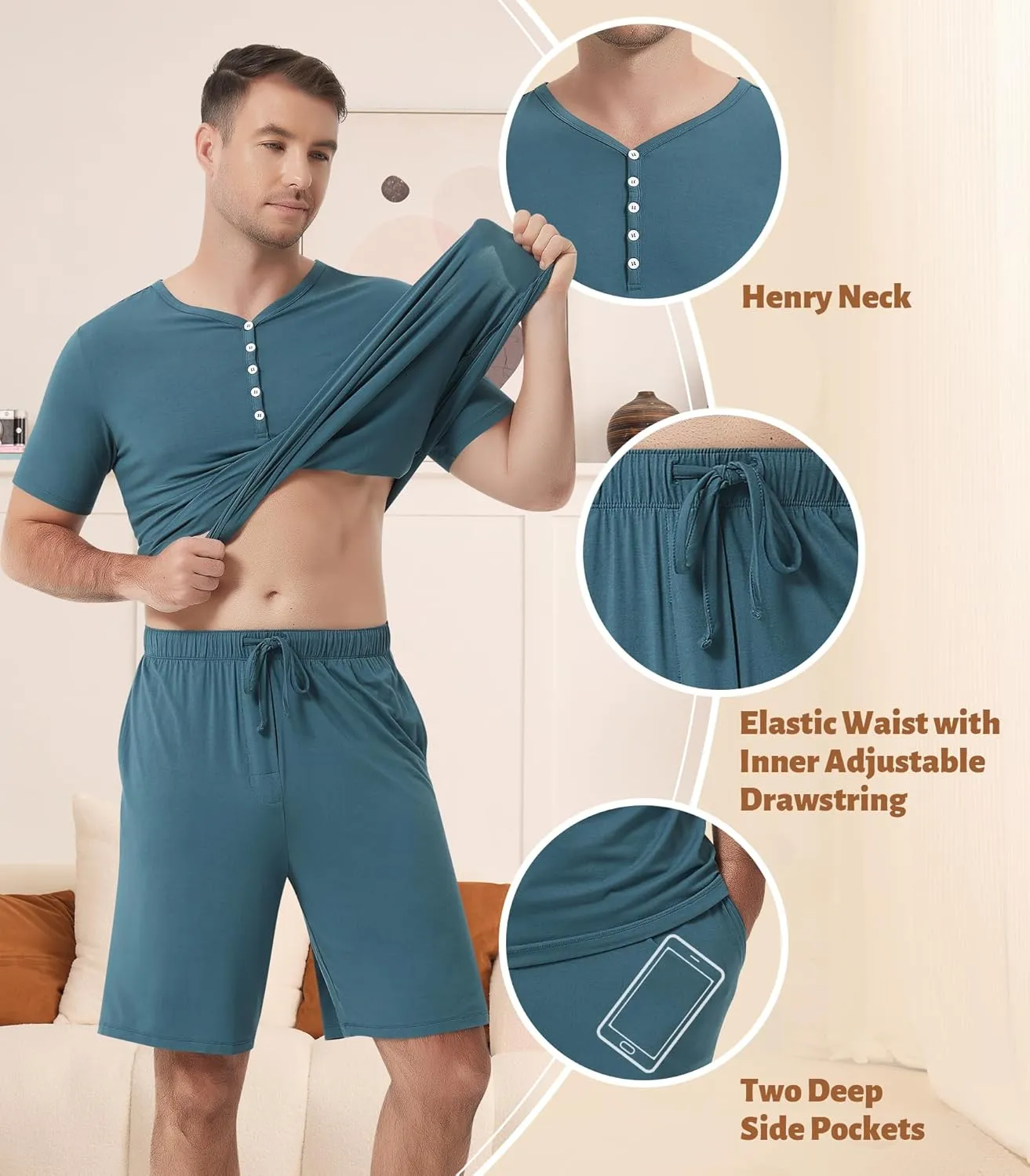 NACHILA Pajamas Sets for Men-Viscose Made from Bamboo, Short Sleeve Sleepwear Button Pjs with Shorts Soft Loungewear