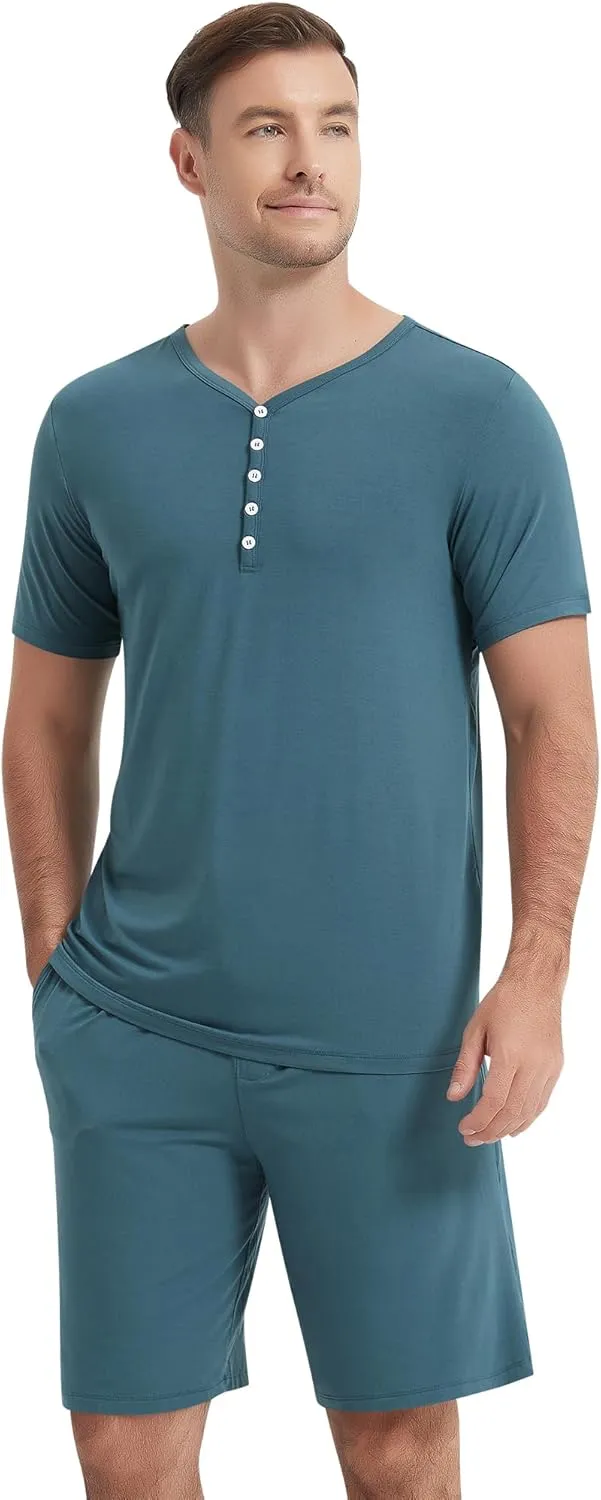 NACHILA Pajamas Sets for Men-Viscose Made from Bamboo, Short Sleeve Sleepwear Button Pjs with Shorts Soft Loungewear