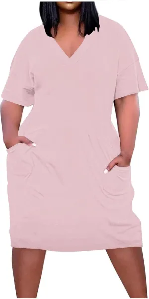 NaRHbrg Women's Plus Size Casual T-Shirt Dress Loose Fit V-Neck Short Sleeve Summer Midi Dresses Sundress with Pockets