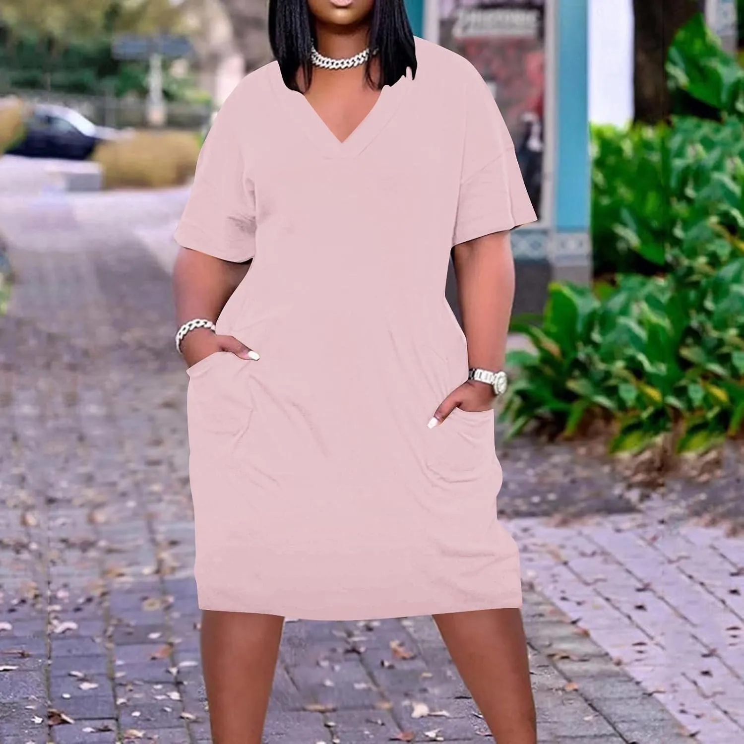 NaRHbrg Women's Plus Size Casual T-Shirt Dress Loose Fit V-Neck Short Sleeve Summer Midi Dresses Sundress with Pockets