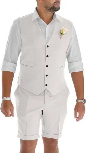 Netsky Mens Linen Suit 2 Piece Slim Fit Short Suits Lightweight Prom Tuxedo Vest and Short Pants for Summer Beach Wedding