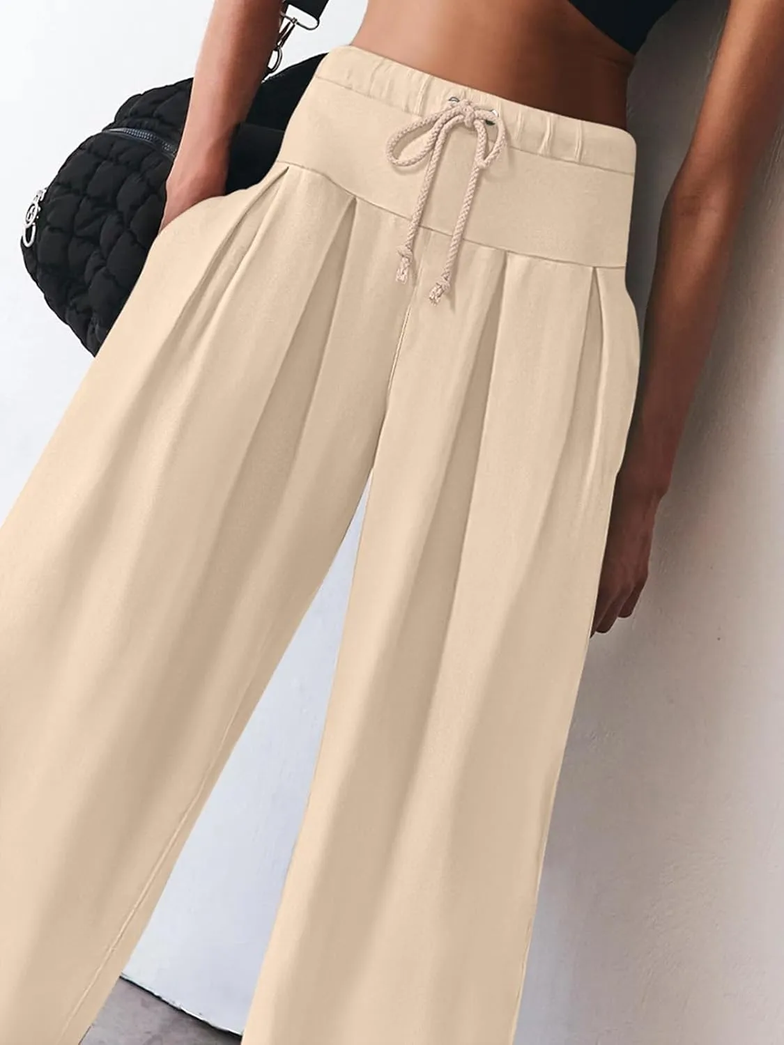 NIMIN Womens Wide Leg Sweatpants Pleated Drawstring High Waisted Baggy Palazzo Pull On Slouchy Pants with Pockets