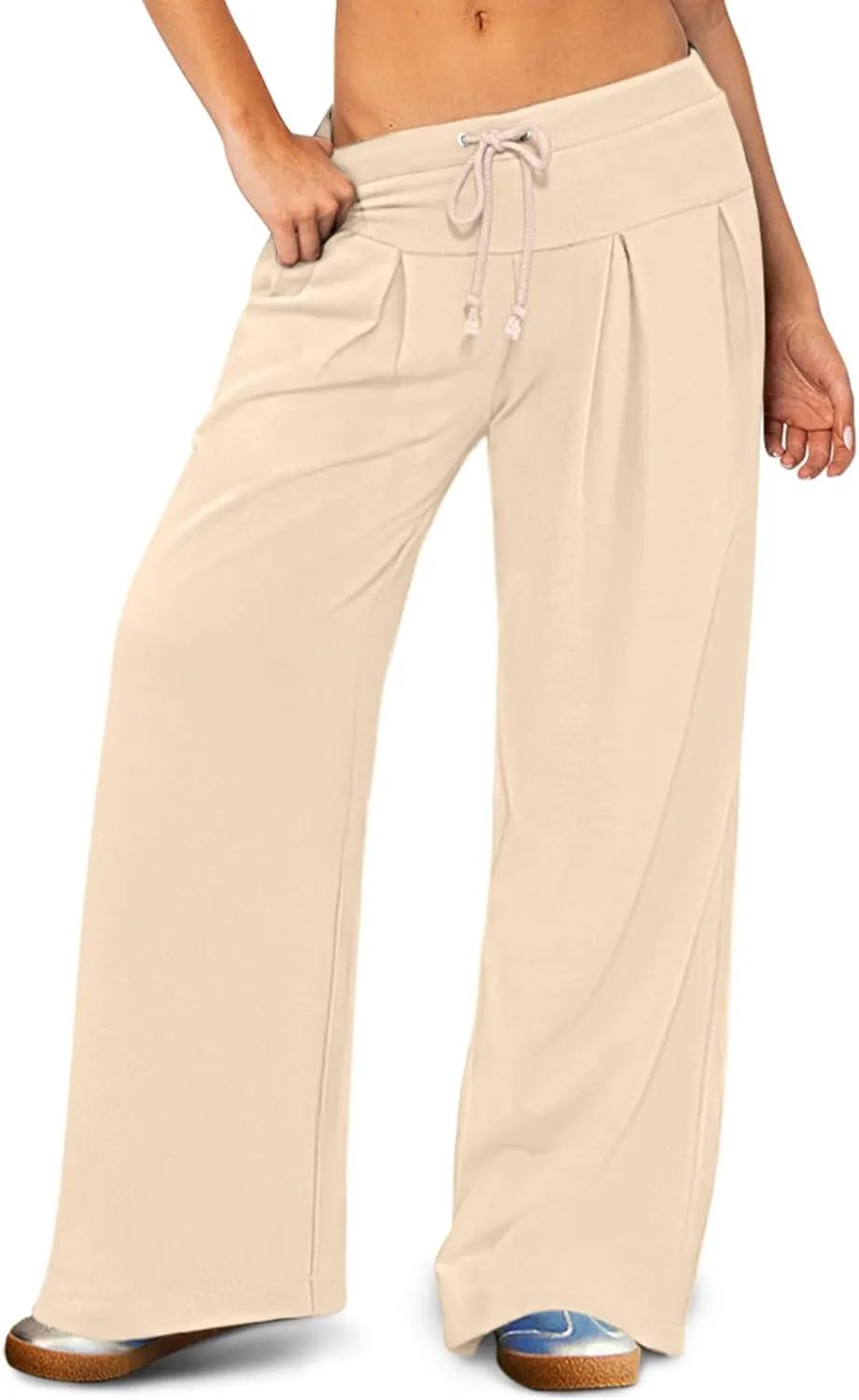 NIMIN Womens Wide Leg Sweatpants Pleated Drawstring High Waisted Baggy Palazzo Pull On Slouchy Pants with Pockets