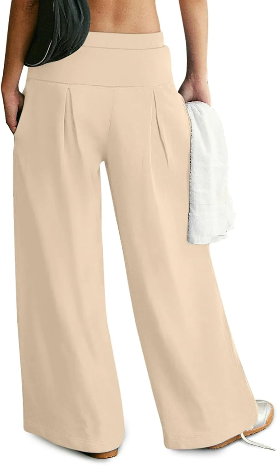 NIMIN Womens Wide Leg Sweatpants Pleated Drawstring High Waisted Baggy Palazzo Pull On Slouchy Pants with Pockets