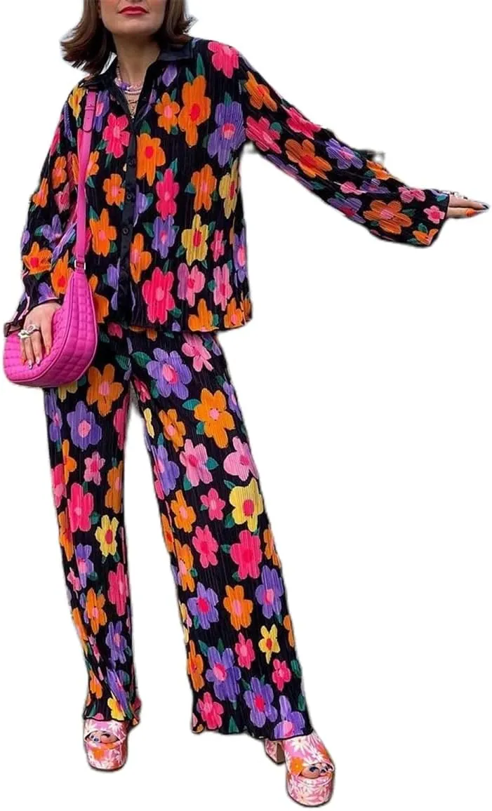 NUFIWI Women Y2K 2 Piece Pants Set Oversized Floral Printed Button Down Shirt High Waist Pants Outfits Summer Streetwear