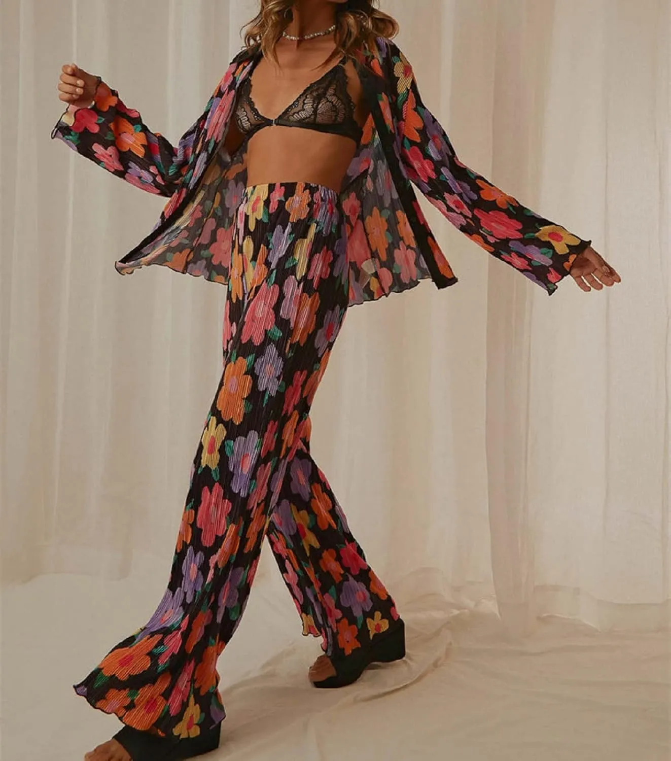 NUFIWI Women Y2K 2 Piece Pants Set Oversized Floral Printed Button Down Shirt High Waist Pants Outfits Summer Streetwear