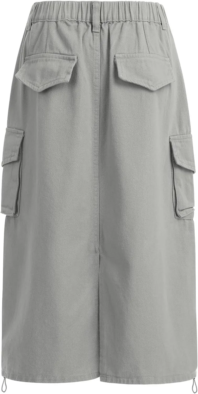 ODASDO Long Cargo Skirts for Women Denim Skirts Split Back Drawstring Maxi Skirt Casual Cargo Skirt with Pockets