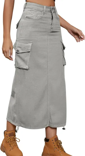 ODASDO Long Cargo Skirts for Women Denim Skirts Split Back Drawstring Maxi Skirt Casual Cargo Skirt with Pockets