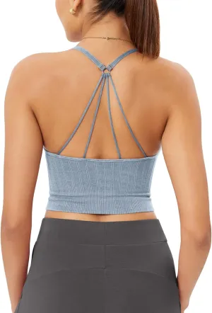 ODODOS Seamless Padded Sports Bra for Women Strappy Longline Wirefree Brami Ribbed Crop Tank Tops