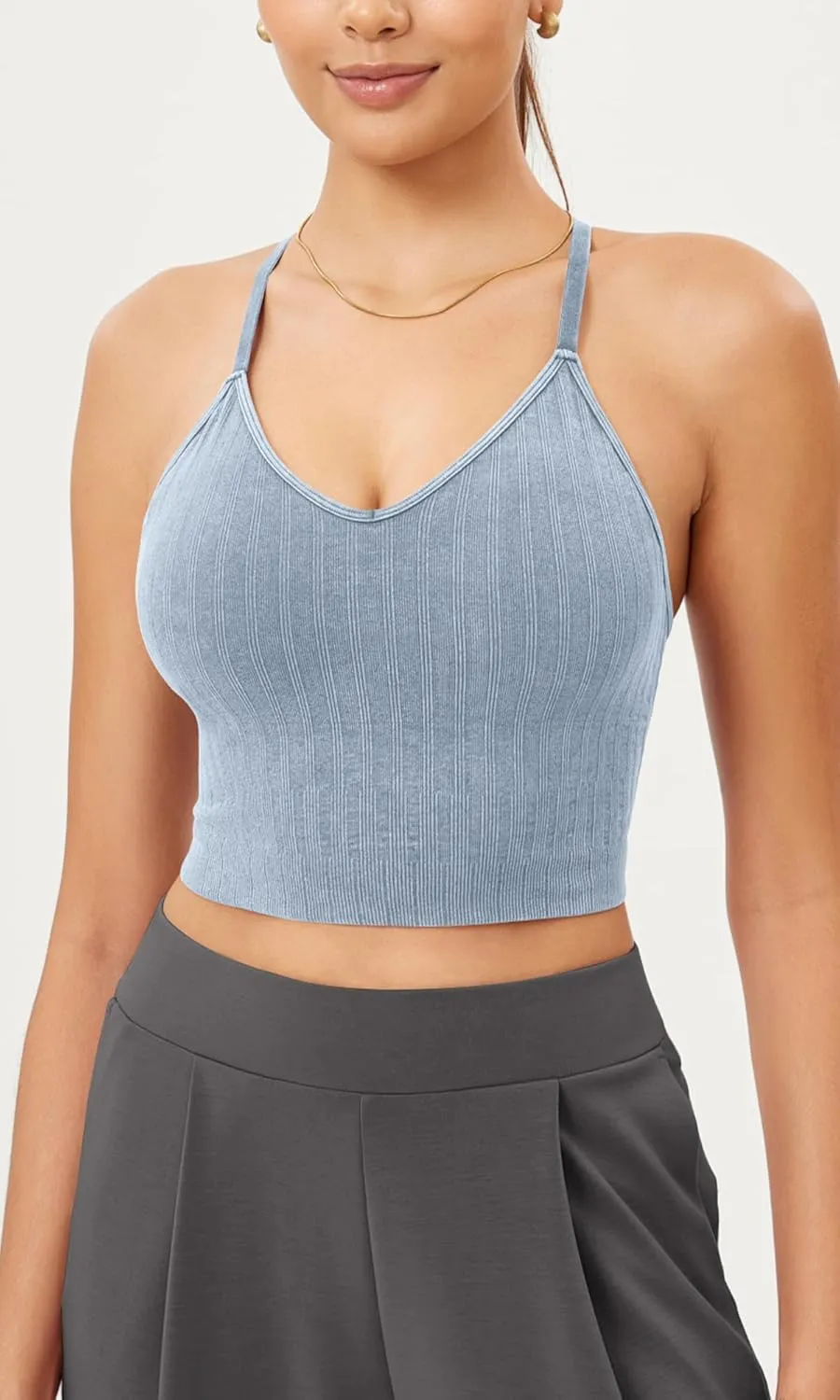 ODODOS Seamless Padded Sports Bra for Women Strappy Longline Wirefree Brami Ribbed Crop Tank Tops