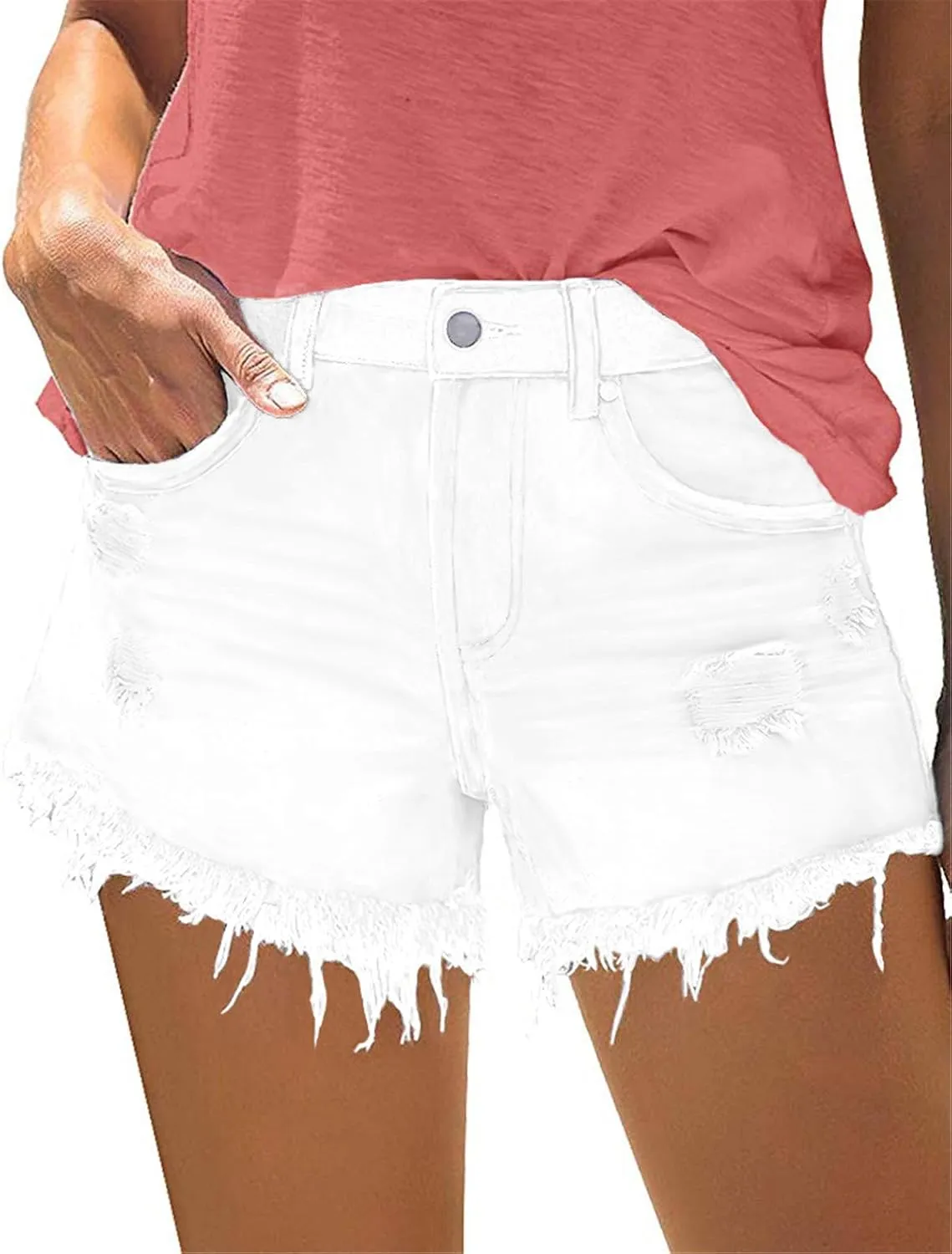 onlypuff Women's Ripped Mid Waisted Denim Shorts with Pockets