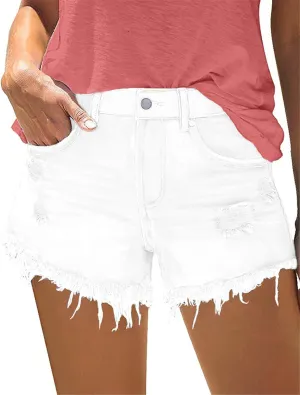 onlypuff Women's Ripped Mid Waisted Denim Shorts with Pockets