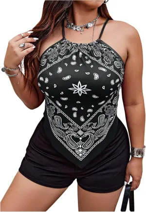 OYOANGLE Women's Plus Size Paisley Boho Halter Camisole Criss Cross Back Hanky Hem Cami Tops