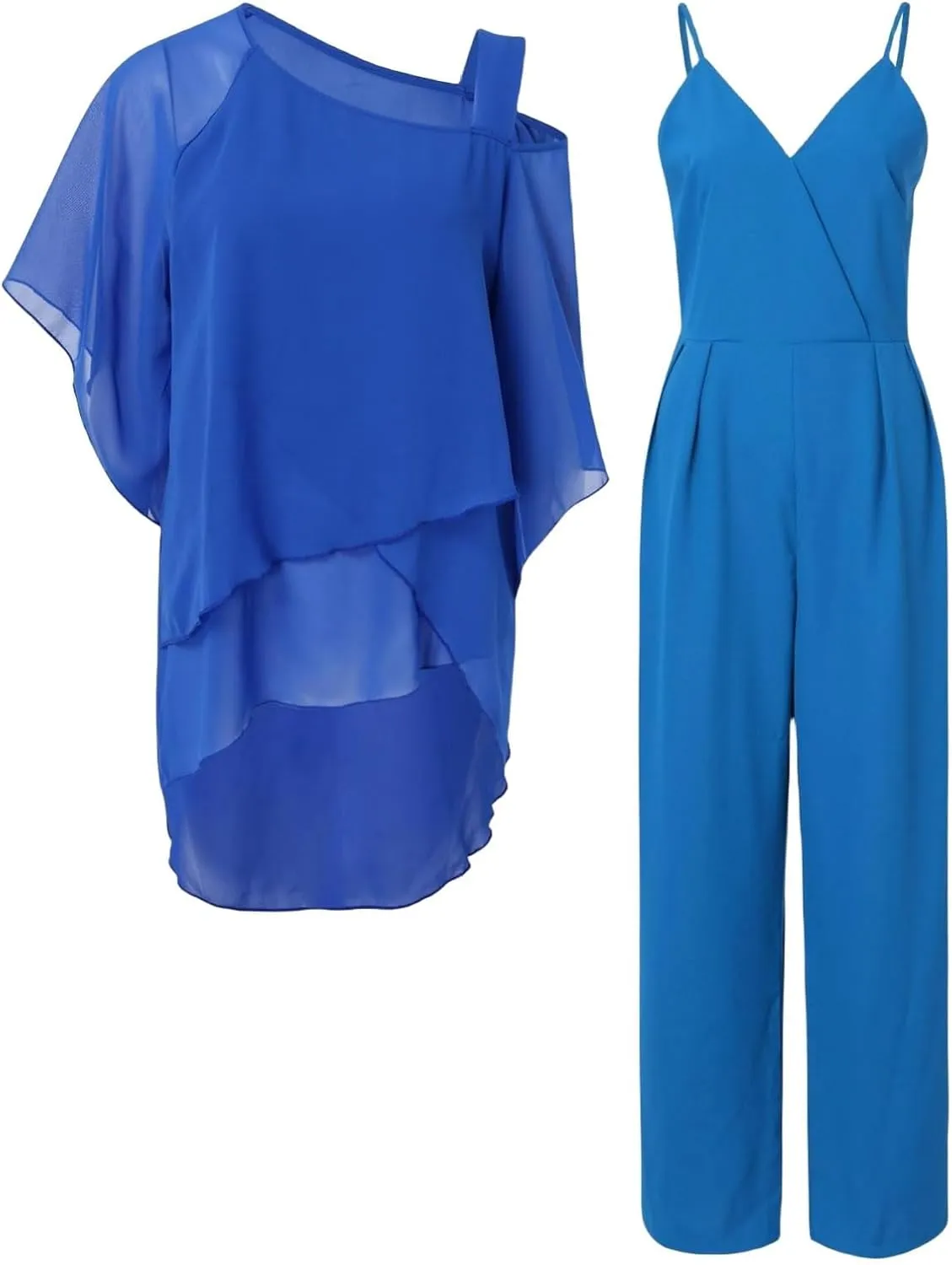 Pant Suits for Women Dressy Elegant 2 Piece Flowy Palazzo Pants and Top Set Elegant Chiffon Wedding Guest Pantsuits