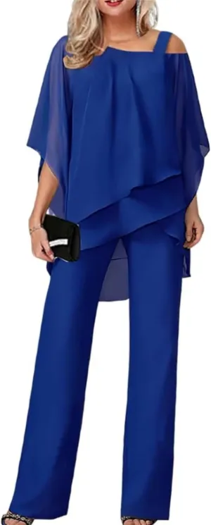Pant Suits for Women Dressy Elegant 2 Piece Flowy Palazzo Pants and Top Set Elegant Chiffon Wedding Guest Pantsuits