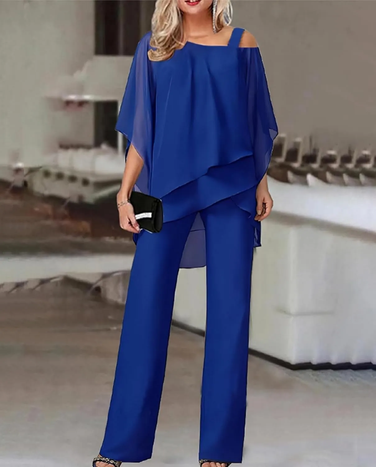 Pant Suits for Women Dressy Elegant 2 Piece Flowy Palazzo Pants and Top Set Elegant Chiffon Wedding Guest Pantsuits