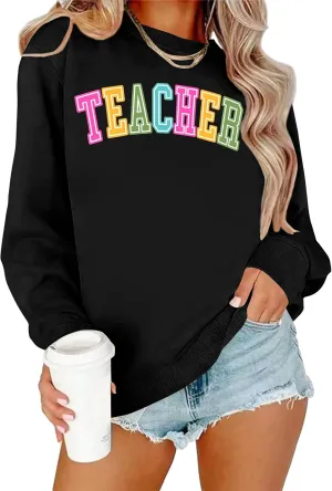 PECHAR Teacher Sweatshirt for Women: Colorful Teacher Crewneck Sweatshirt Teach Long Sleeve Pullover Shirt Tops