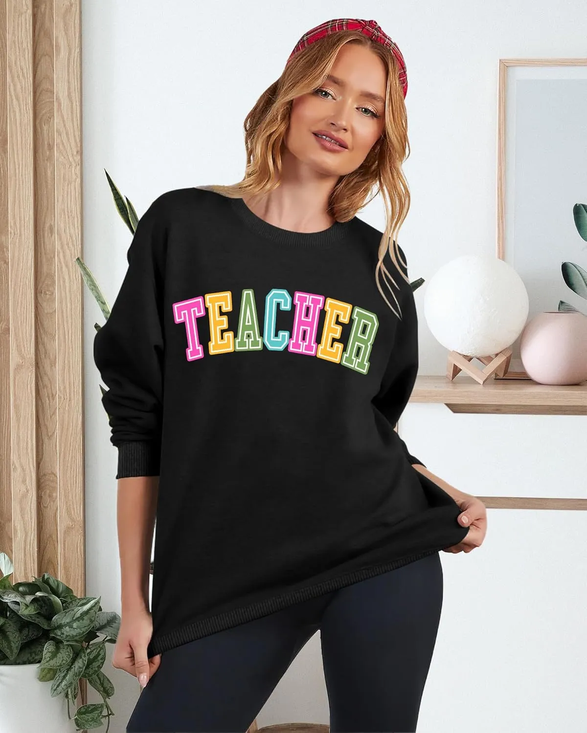 PECHAR Teacher Sweatshirt for Women: Colorful Teacher Crewneck Sweatshirt Teach Long Sleeve Pullover Shirt Tops