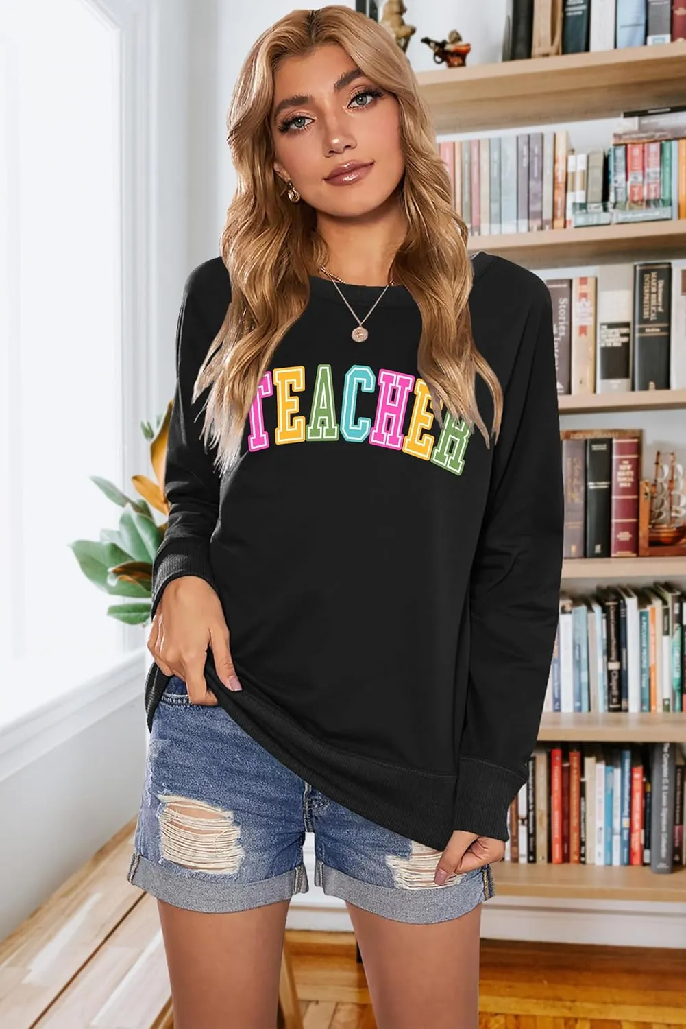 PECHAR Teacher Sweatshirt for Women: Colorful Teacher Crewneck Sweatshirt Teach Long Sleeve Pullover Shirt Tops