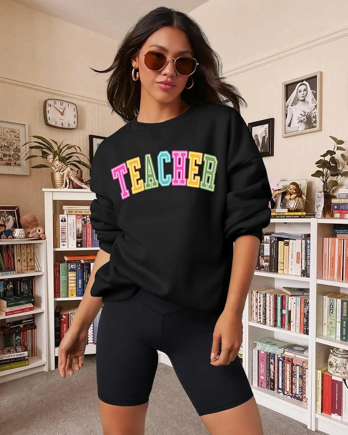 PECHAR Teacher Sweatshirt for Women: Colorful Teacher Crewneck Sweatshirt Teach Long Sleeve Pullover Shirt Tops