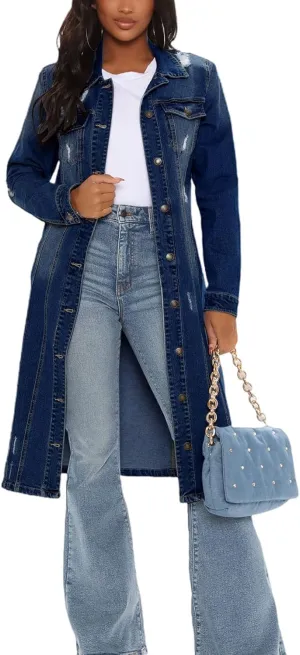 Perbai Women's Long Denim Jacket Ripped Distressed Maxi Jean Trench Coat Overcoat