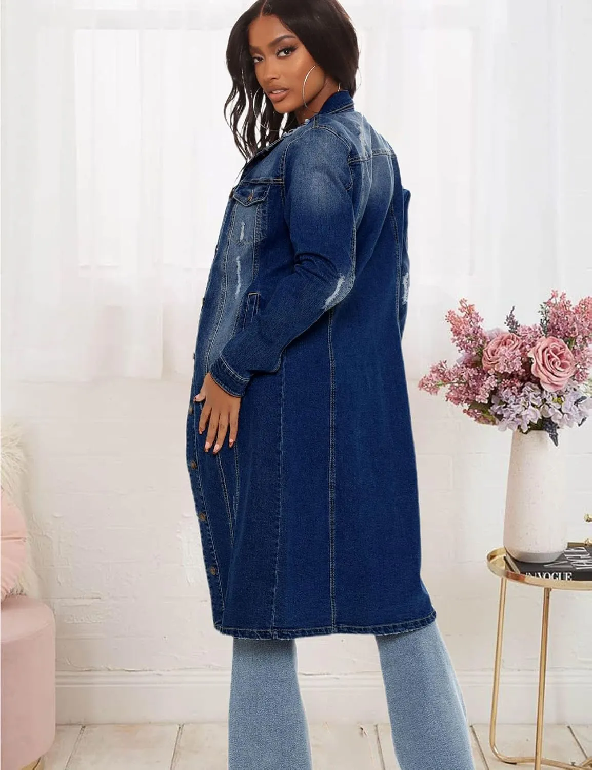 Perbai Women's Long Denim Jacket Ripped Distressed Maxi Jean Trench Coat Overcoat