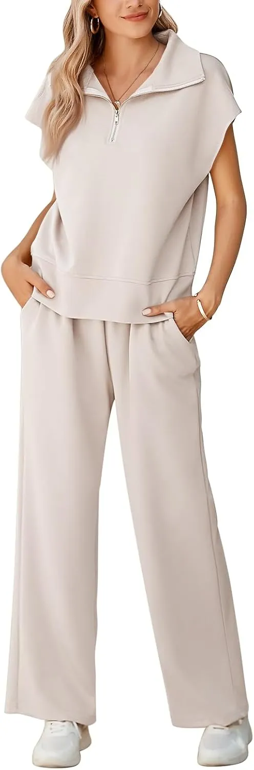 Pink Queen Womens Two Piece Outfits Sleeveless Pullover Tops and Wide Leg Pants Half Zip Jogger Lounge Sets