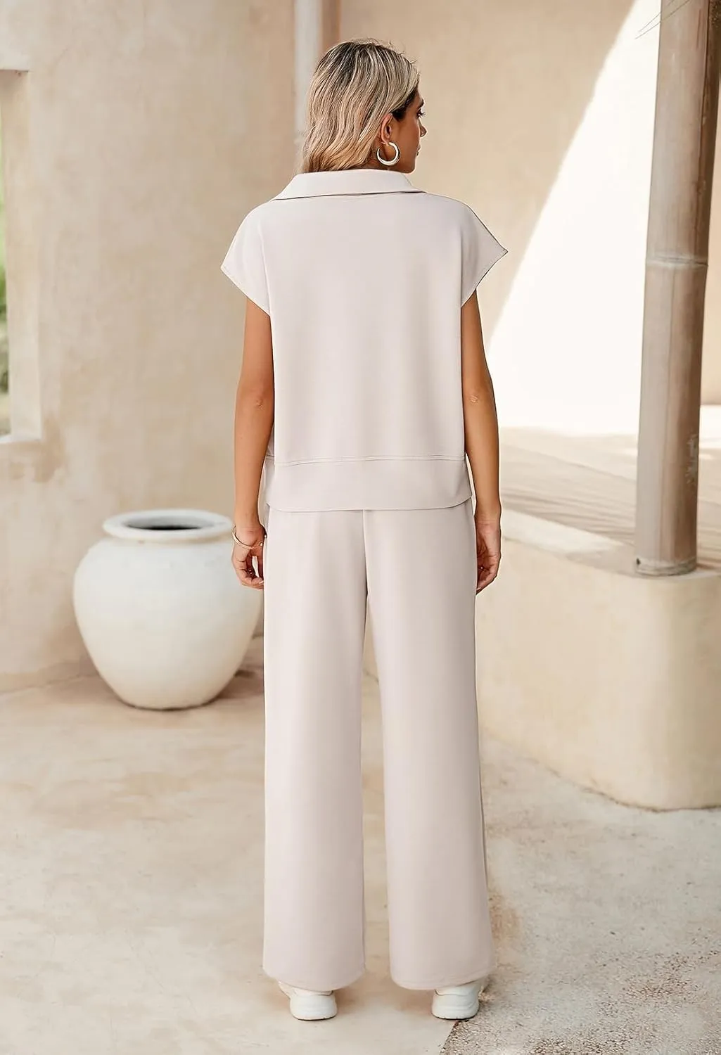 Pink Queen Womens Two Piece Outfits Sleeveless Pullover Tops and Wide Leg Pants Half Zip Jogger Lounge Sets
