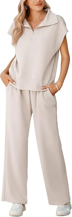 Pink Queen Womens Two Piece Outfits Sleeveless Pullover Tops and Wide Leg Pants Half Zip Jogger Lounge Sets