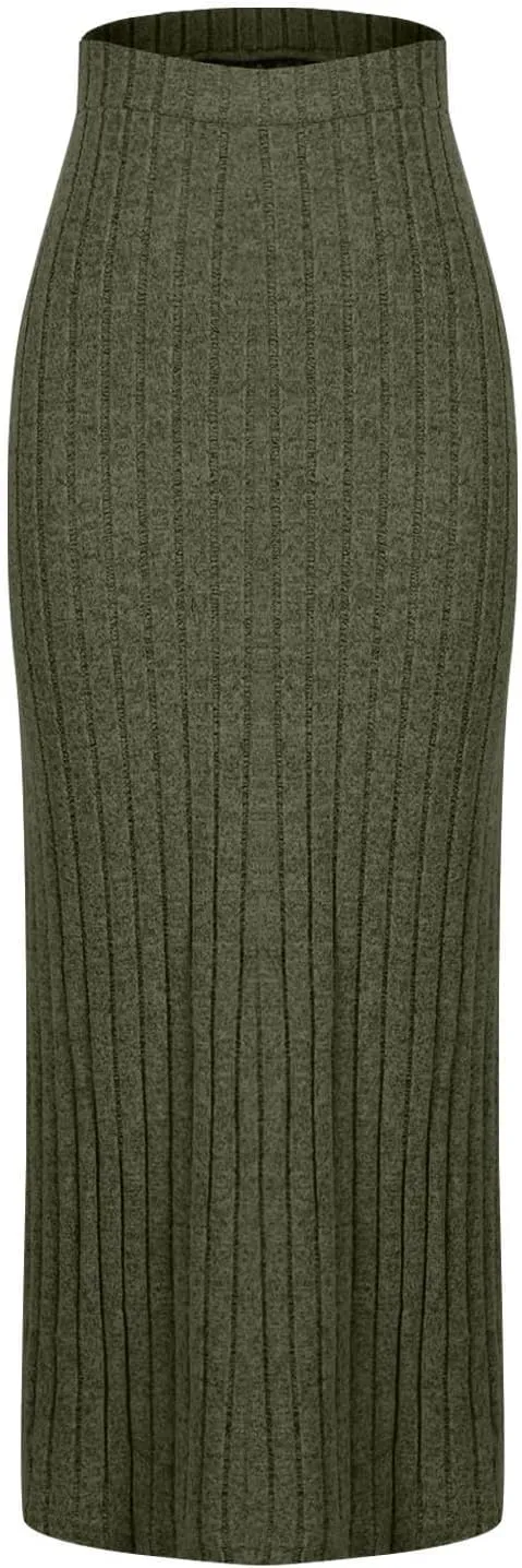 Plus Size High Waisted Skirt Women Knit Midi Bodycon Skirt Elastic Comfy Skirts Plain Fashion Skirt Side Slit Skirt
