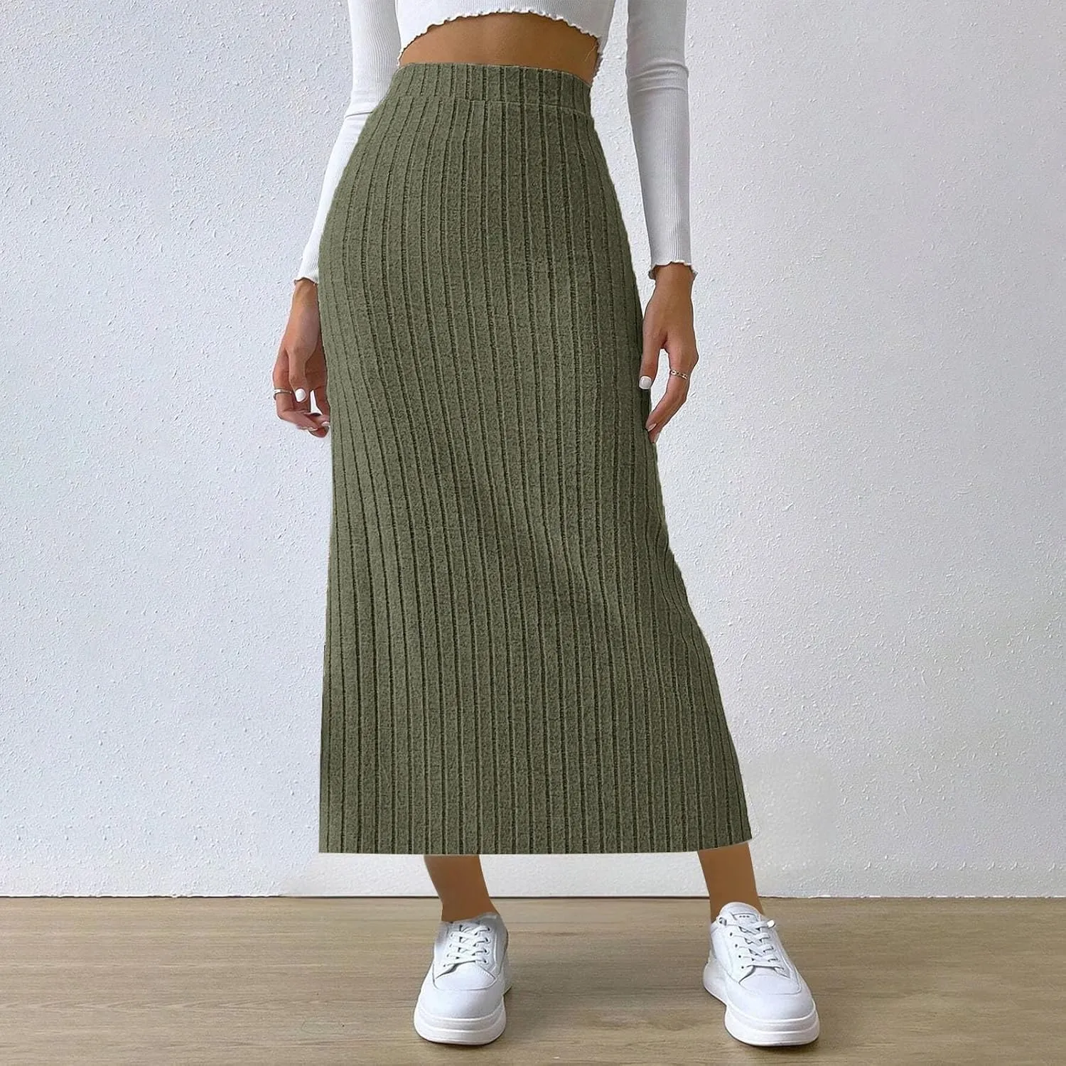 Plus Size High Waisted Skirt Women Knit Midi Bodycon Skirt Elastic Comfy Skirts Plain Fashion Skirt Side Slit Skirt