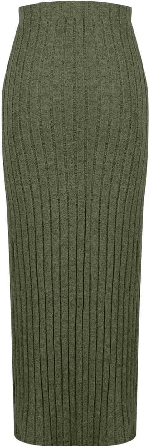 Plus Size High Waisted Skirt Women Knit Midi Bodycon Skirt Elastic Comfy Skirts Plain Fashion Skirt Side Slit Skirt