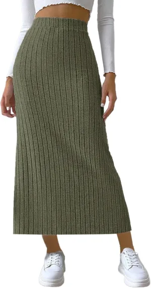 Plus Size High Waisted Skirt Women Knit Midi Bodycon Skirt Elastic Comfy Skirts Plain Fashion Skirt Side Slit Skirt