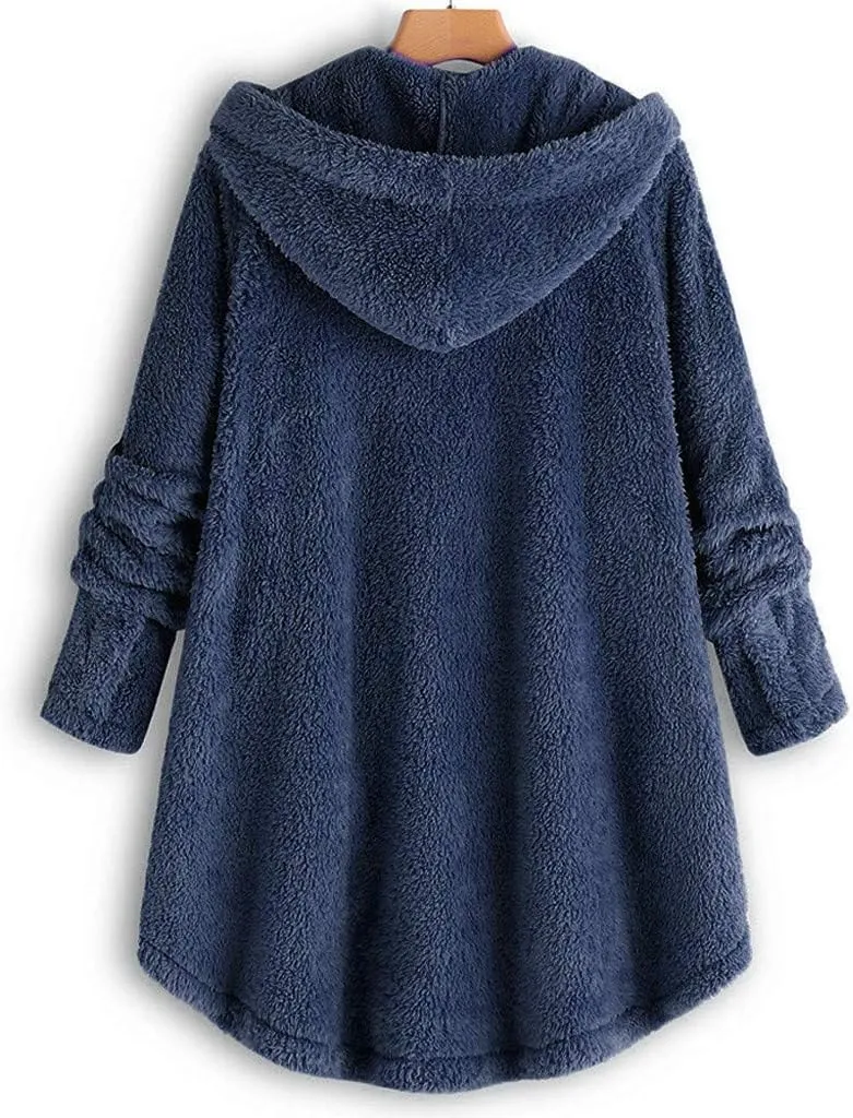 Plus Size Shearling Jacket For Women Plus Size Casual Loose Soft Sherpa Pullover Hoodie Button Down Hooded Pajama Tops