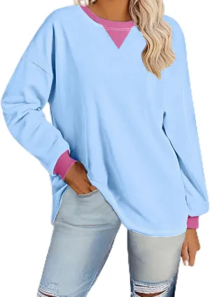 Plus Size Tops for Women Casual Long Sleeve Hoodie Round Neck Color Block Sweatshirts Daily Trendy Pullover Top